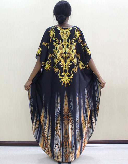 Women's African Print O-Neck Batwing Sleeve Loose Dress with Gold Floral Animal Pattern